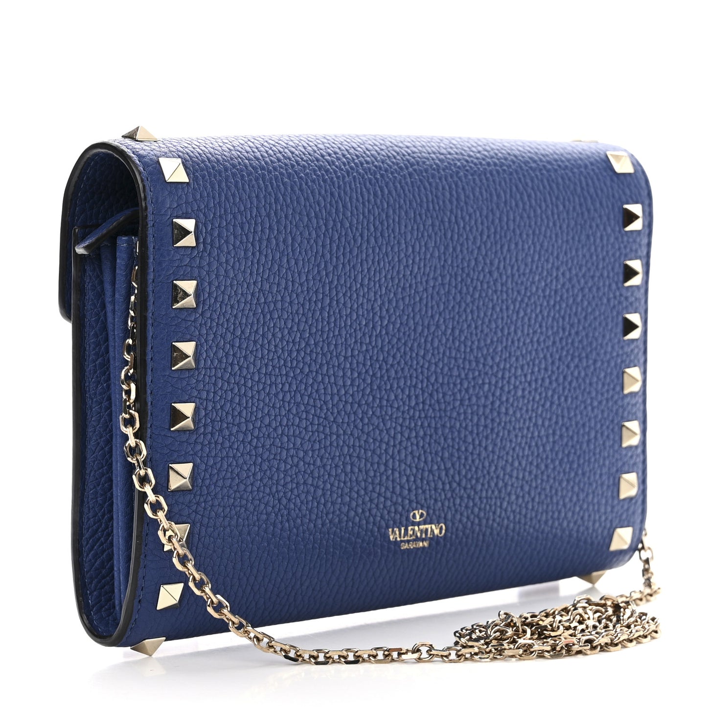 Pebbled Calfskin Rockstud Envelope Wallet On Chain Bag Blu Delft