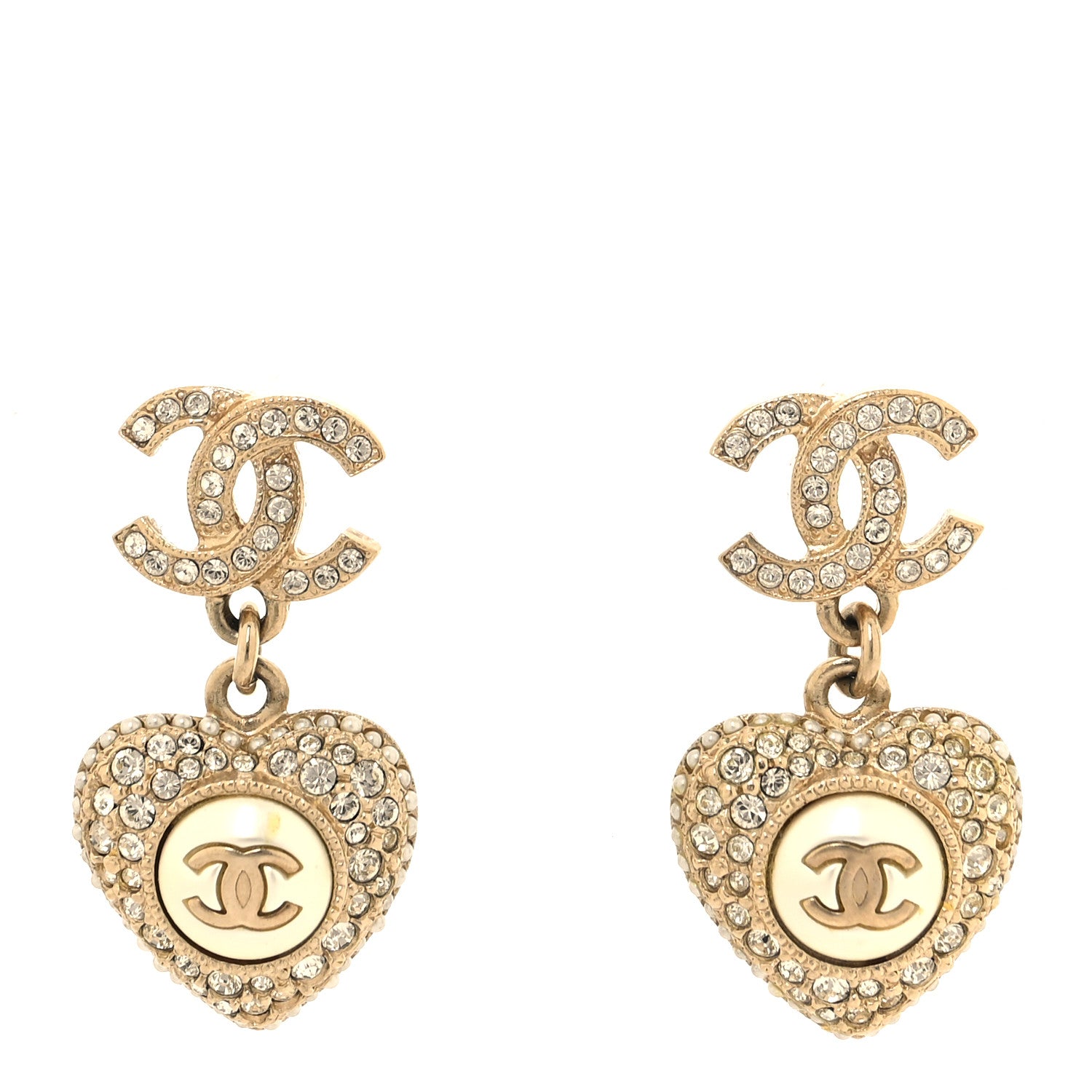 Chanel Pearl Crystal CC Heart Drop Earrings Gold White 1 of 5