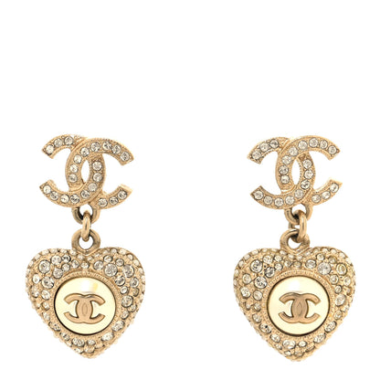 Chanel Pearl Crystal CC Heart Drop Earrings Gold White 1 of 5