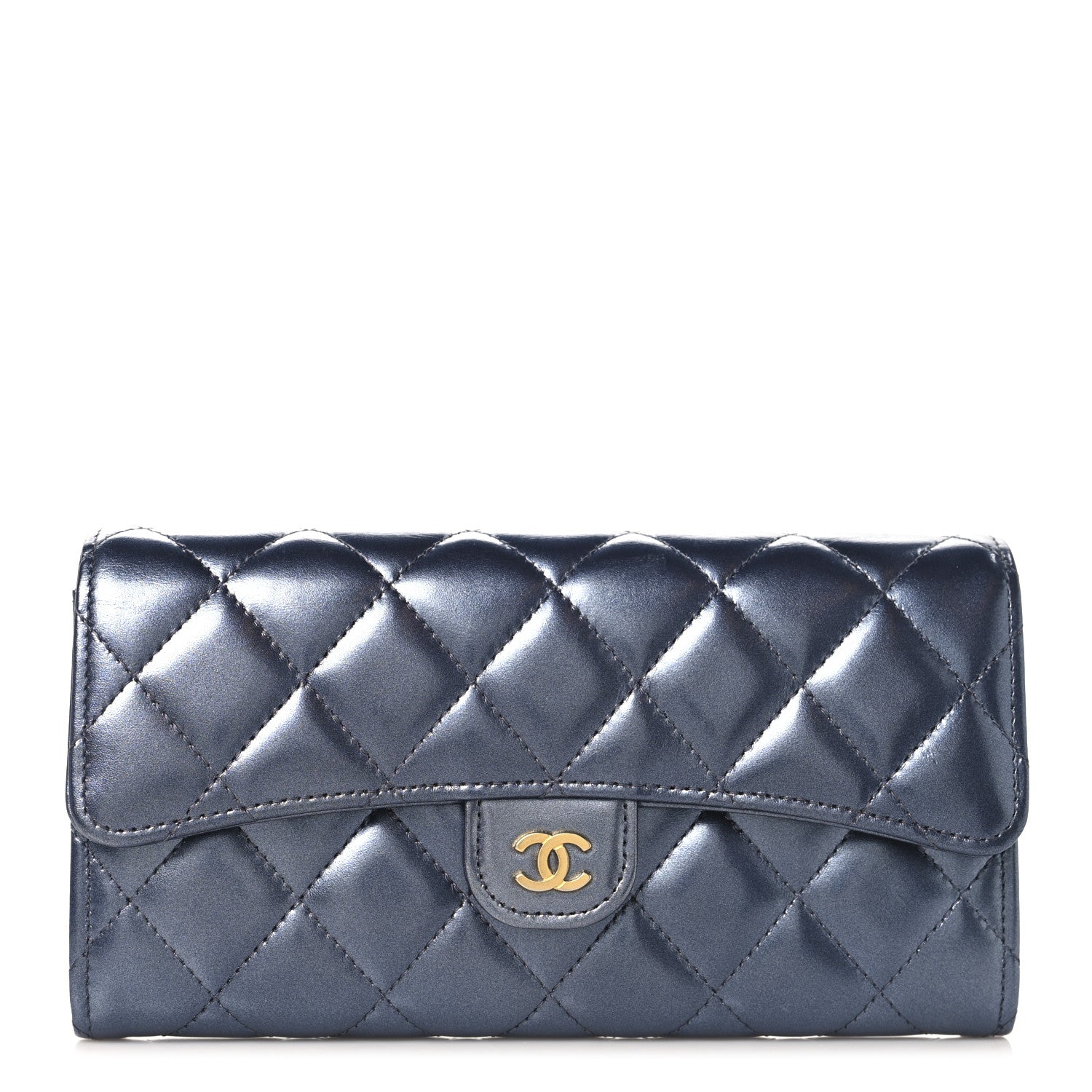 Chanel Metallic Lambskin Quilted Large Gusset Flap Wallet Dark Blue 1 of 9