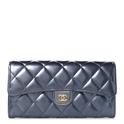 Chanel Metallic Lambskin Quilted Large Gusset Flap Wallet Dark Blue 1 of 9