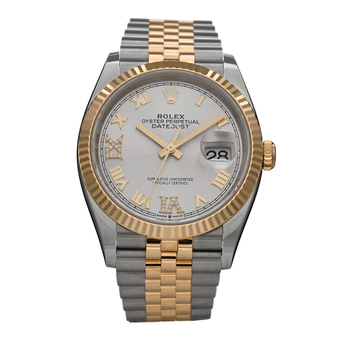 Stainless Steel 18K Yellow Gold Diamond 36mm Oyster Perpetual Datejust Watch Silver Roman 126233
