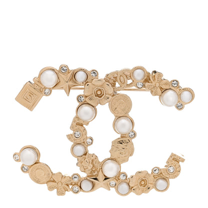 Chanel Crystal Pearl CC Charms Brooch Gold 1 of 5
