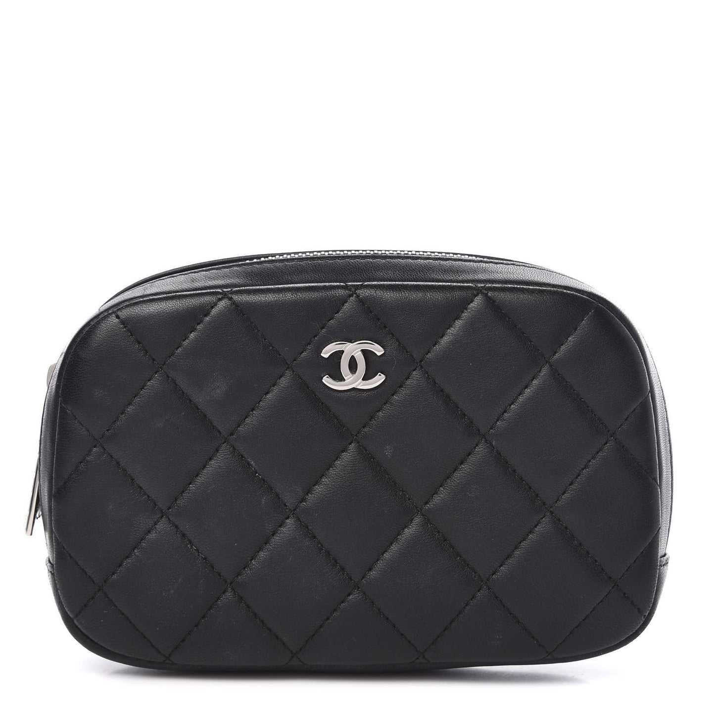 Lambskin Quilted Small Curvy Pouch Cosmetic Case Black