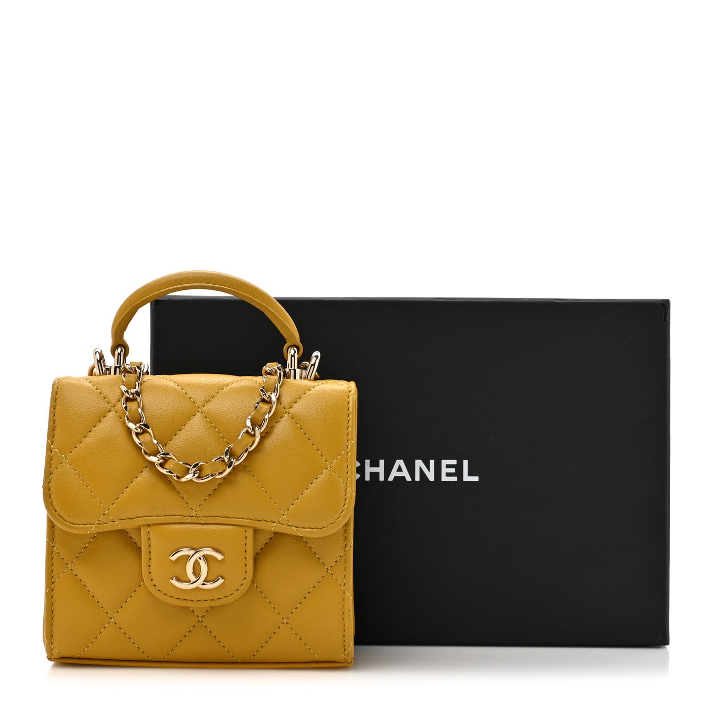 Lambskin Quilted Top Handle Flap Clutch With Chain Yellow