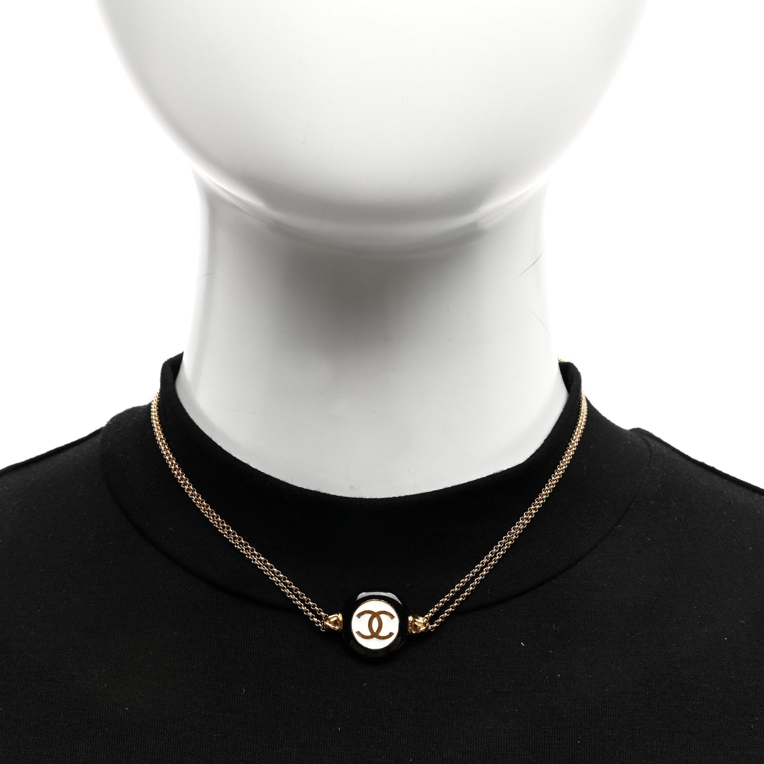 Chanel CC Medallion Choker Chain Necklace Gold Black White 2 of 4
