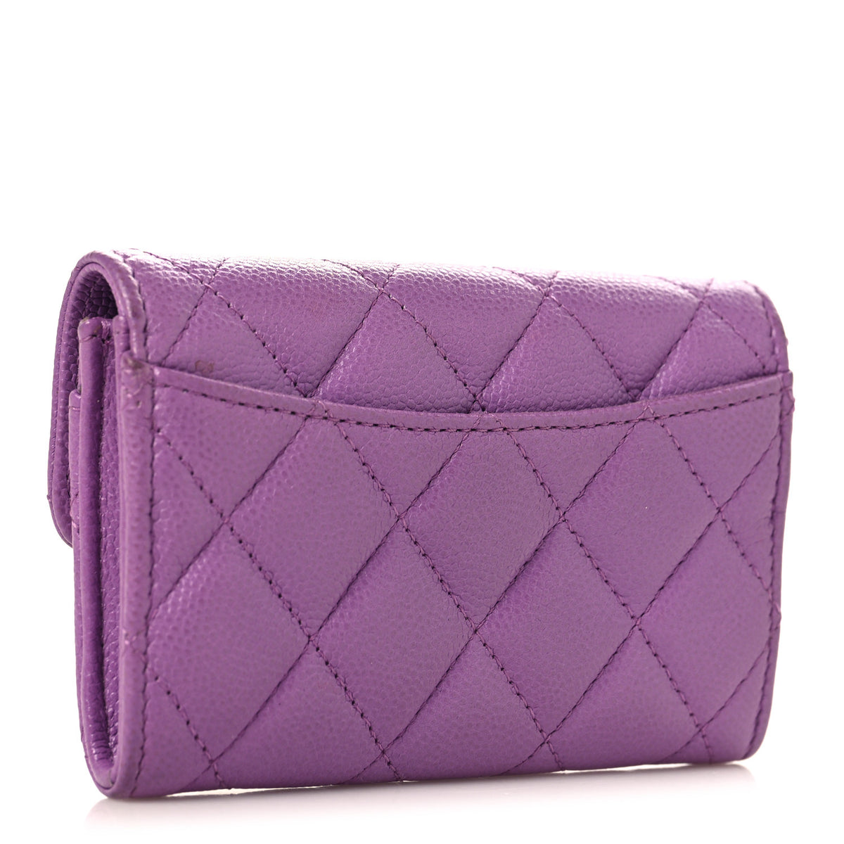 Caviar Quilted Flap Card Holder Wallet Purple