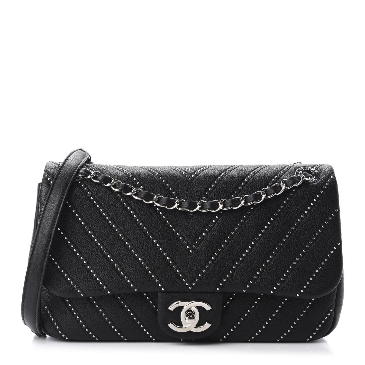 Chanel Calfskin Studded Chevron Quilted Medium Stud Wars Flap Black 1 of 10