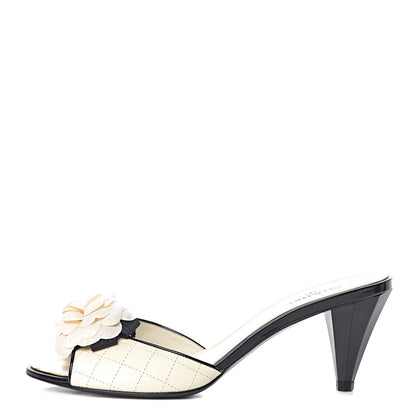 Chanel Calfskin Quilted Camellia CC Sandals 38 White Black 1 of 12