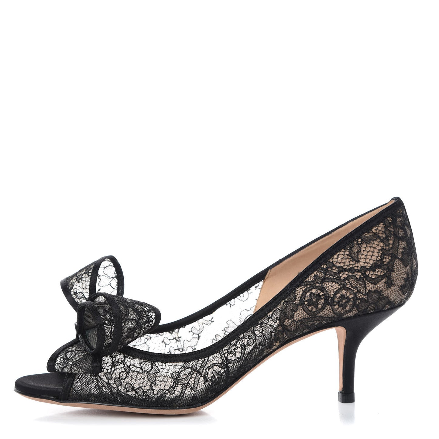 Satin Lace Couture Bow Peep Toe Low Heel Pumps 37.5 Black