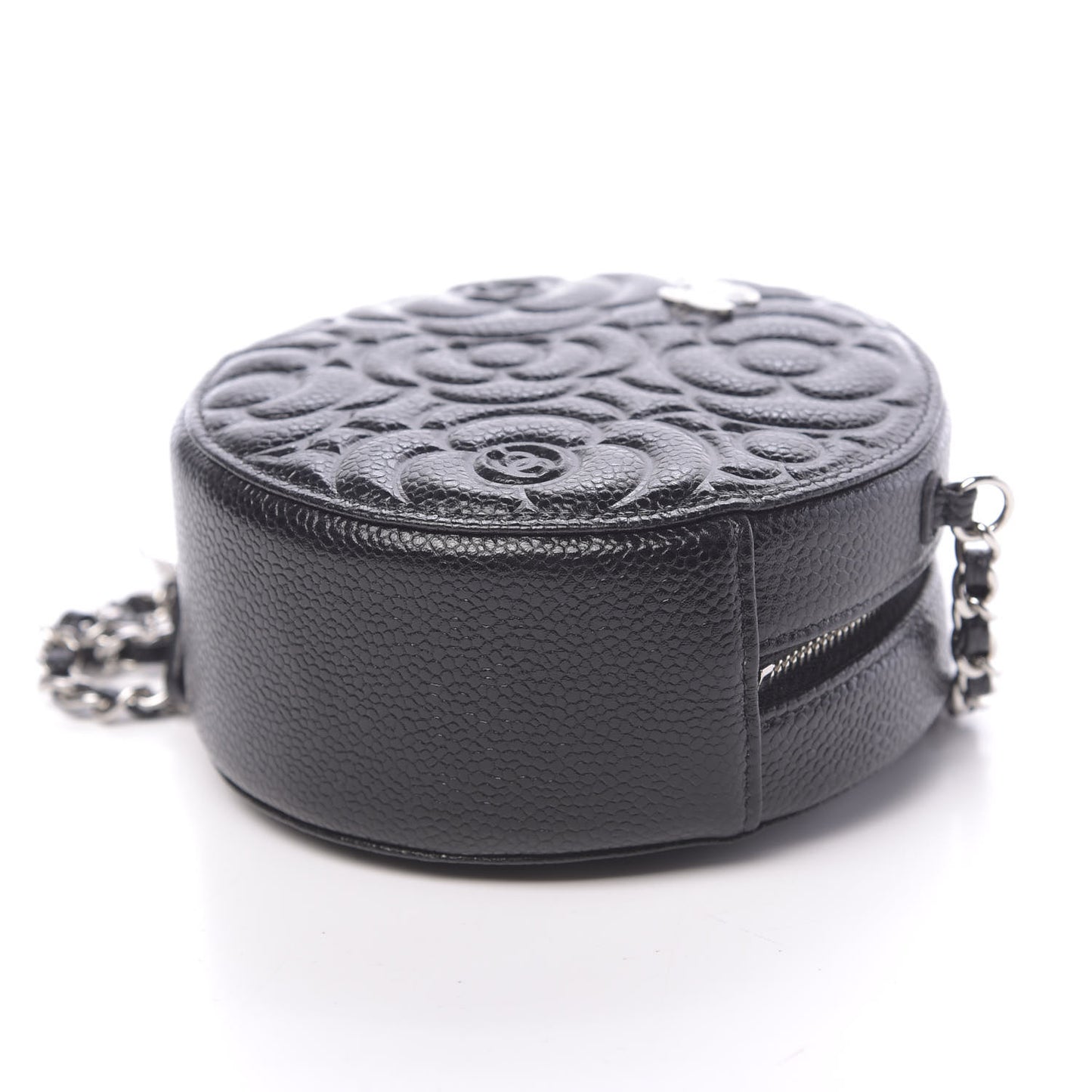 Caviar Camellia Embossed Round Clutch With Chain Black