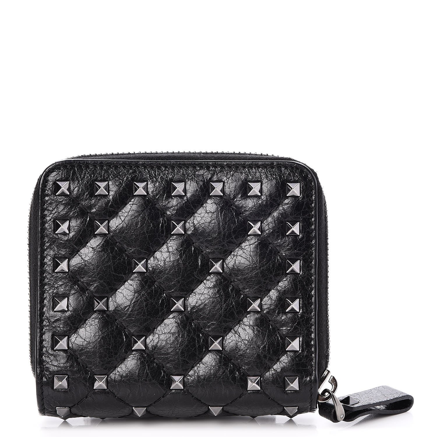 Valentino Garavani Craquele Nappa Rockstud Spike Compact Zip Around Wallet Black 1 of 9