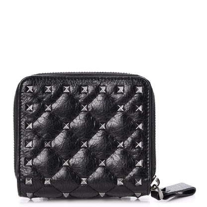 Valentino Garavani Craquele Nappa Rockstud Spike Compact Zip Around Wallet Black 1 of 9