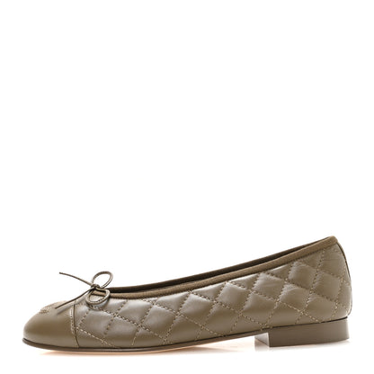 Chanel Lambskin Quilted CC Cap Toe Ballerina Flats 37.5 Dark Khaki 1 of 9
