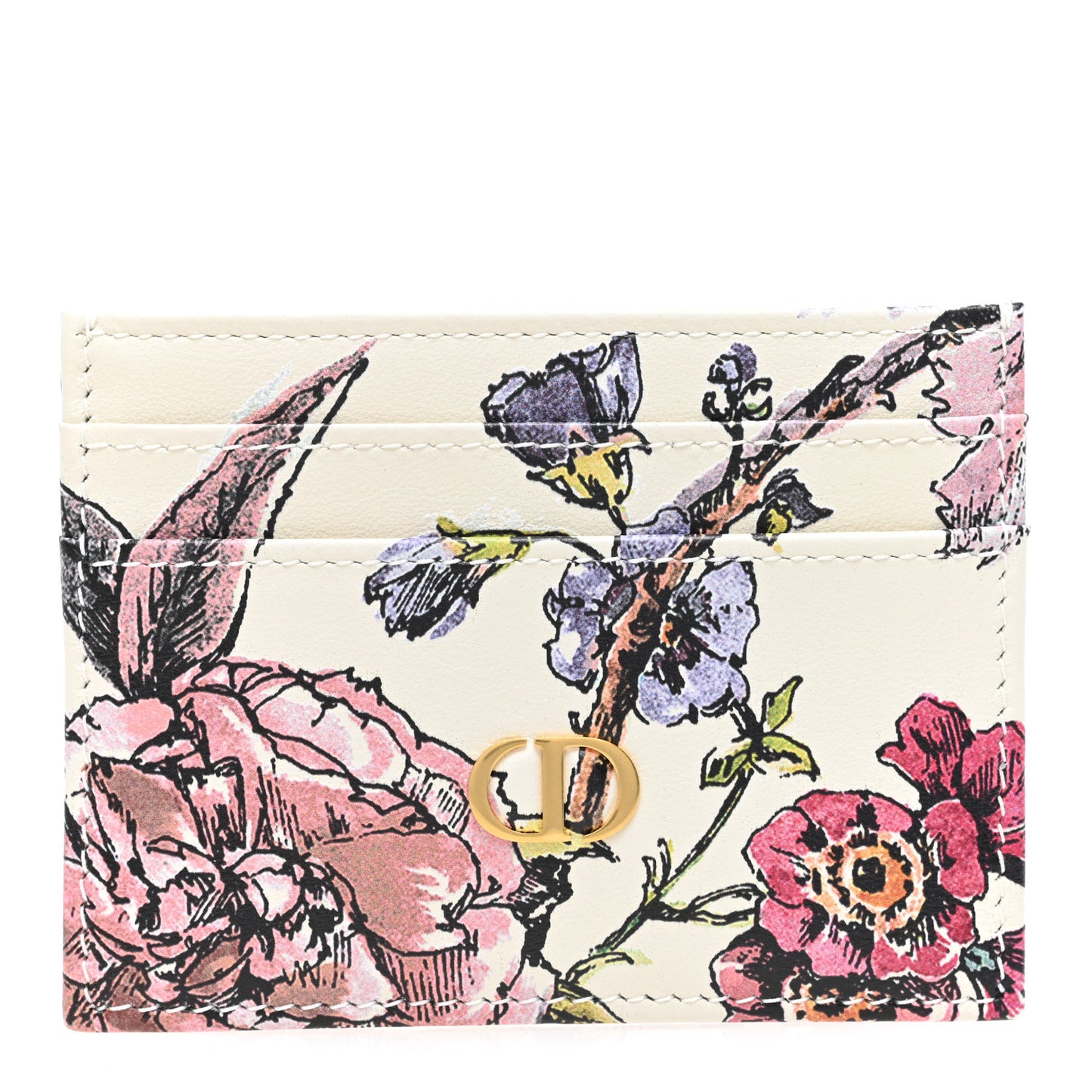 Calfskin Caro Floral Five-Slot Card Holder White Multicolor