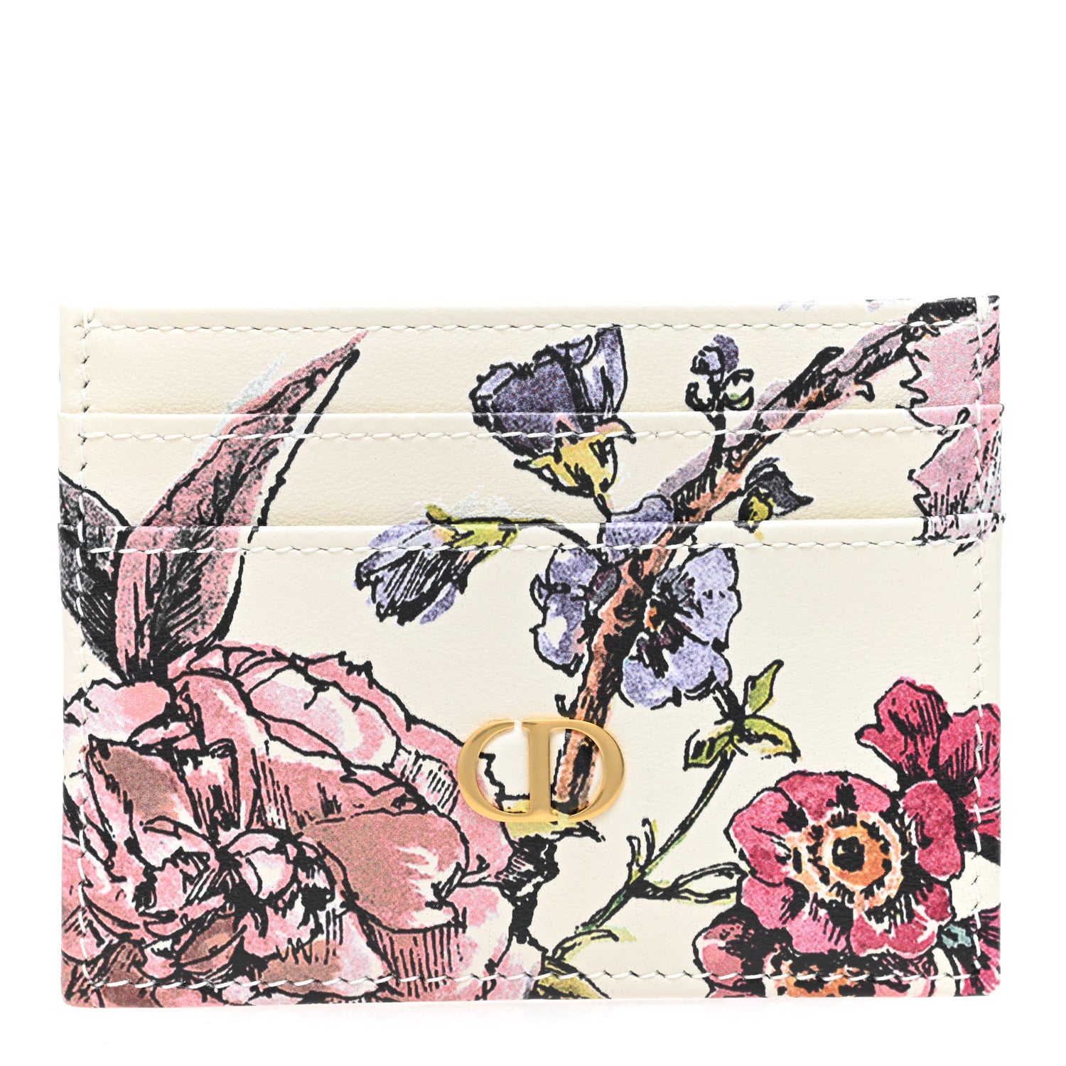 Christian Dior Calfskin Caro Floral Five-Slot Card Holder White Multicolor 1 of 7