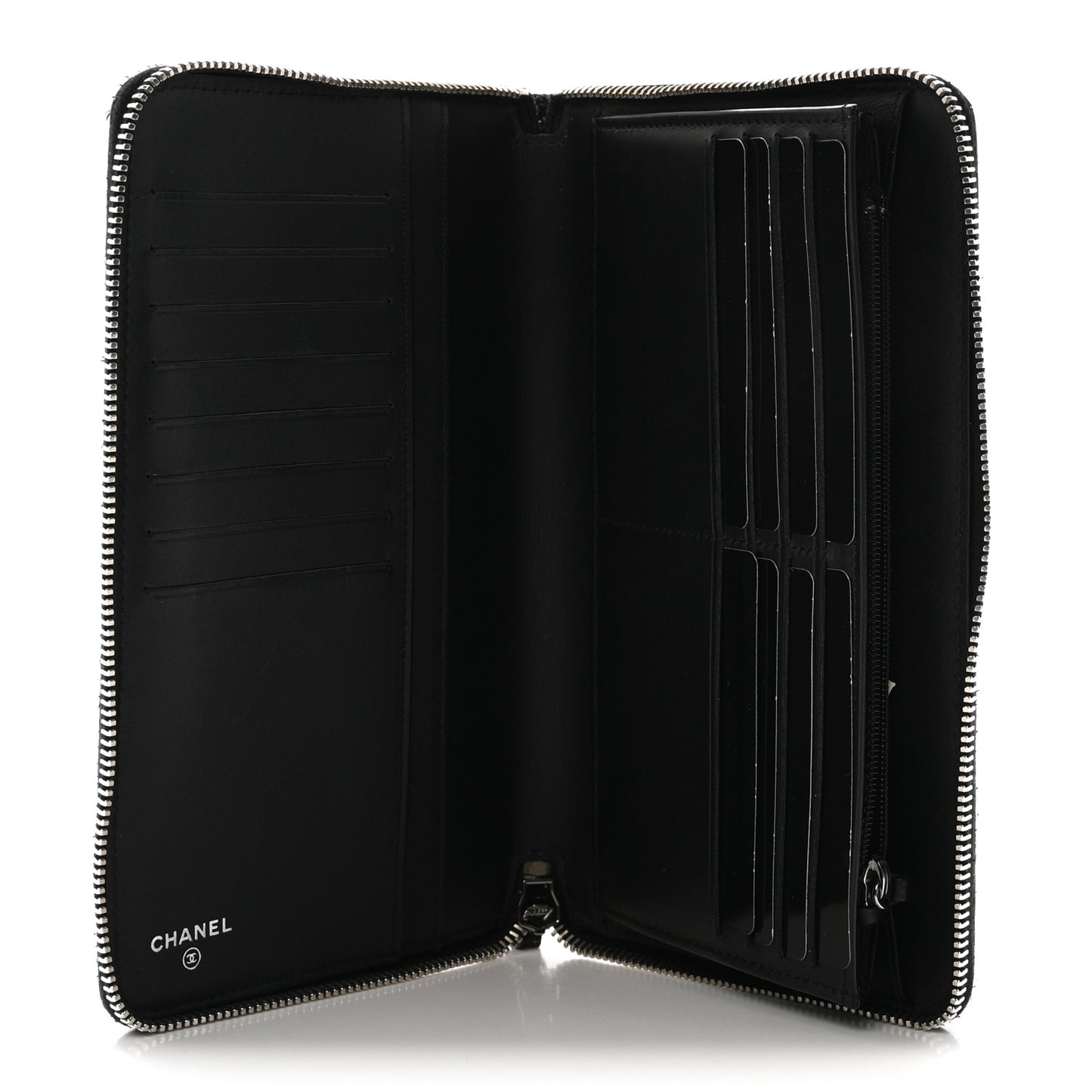 Glittered Calfskin Quilted Large Zip Around Organizer Wallet Black