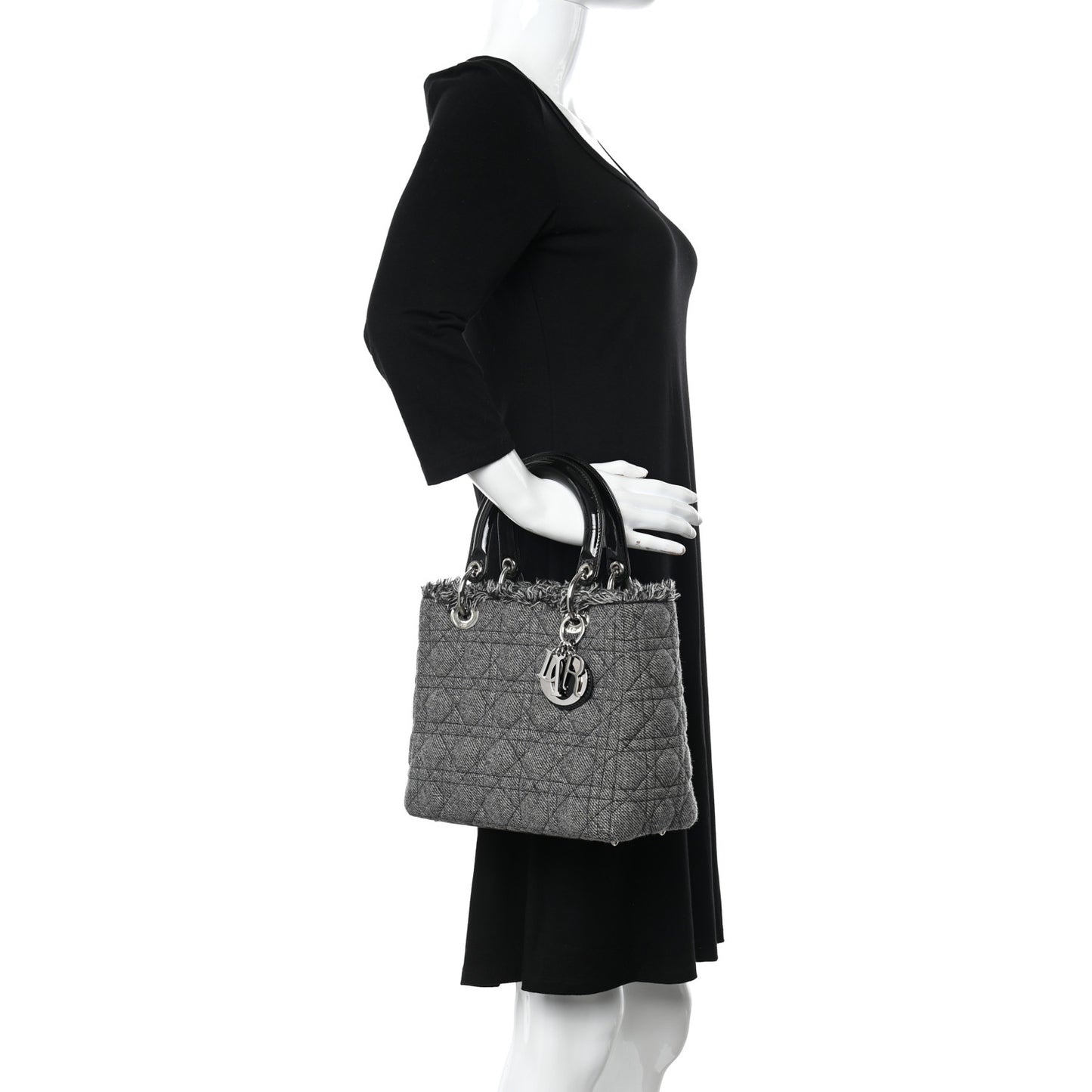 Denim Fringe Medium Lady Dior Grey