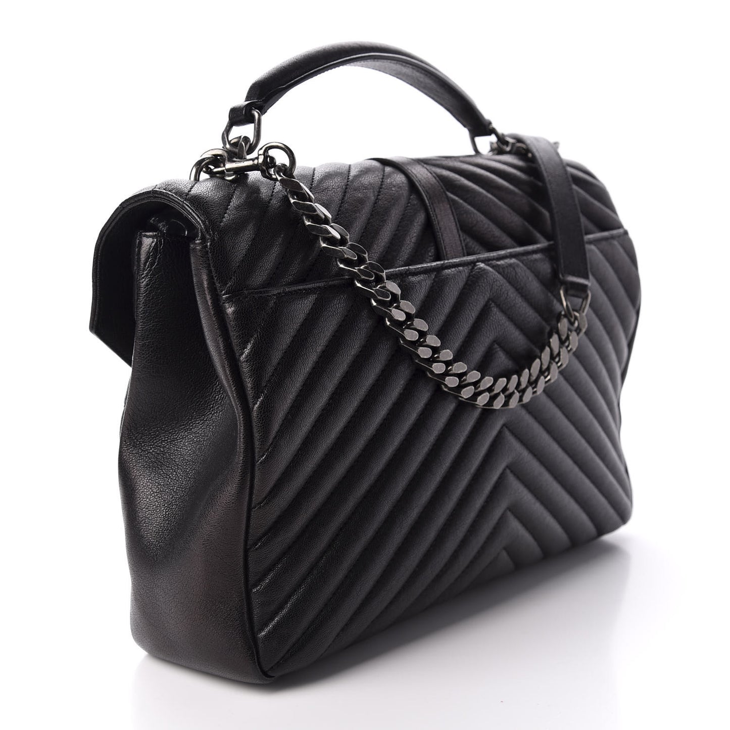 Sheepskin Matelasse Chevron Monogram Monochrome Large College Satchel Black