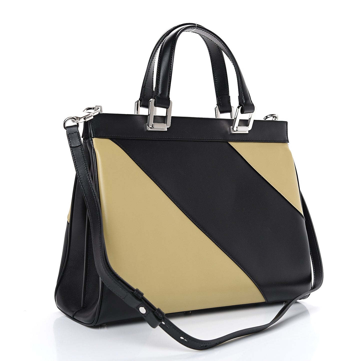 Smooth Calfskin Diagonal Striped Medium Zumi Top Handle Bag Black Beige