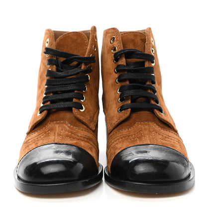 Chanel Suede Patent Cap Toe CC Boots 35.5 Beige Black 2 of 13