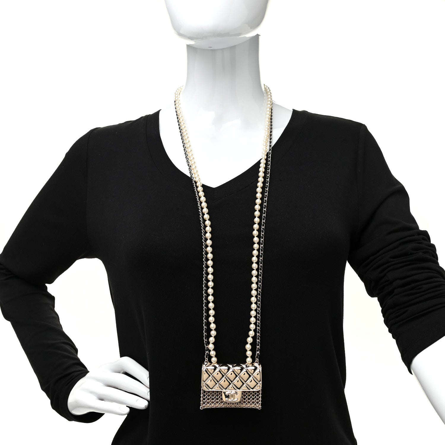 Chanel Metal Lambskin Pearl Chain Flap Bag Long Necklace Gold Black Pearly White 2 of 6