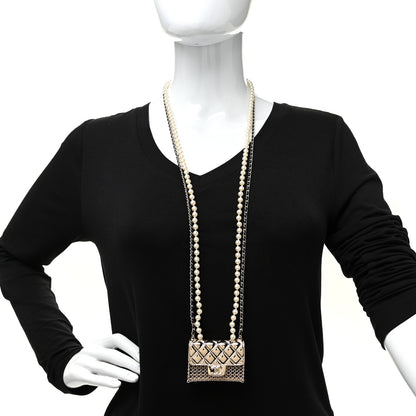 Chanel Metal Lambskin Pearl Chain Flap Bag Long Necklace Gold Black Pearly White 2 of 6