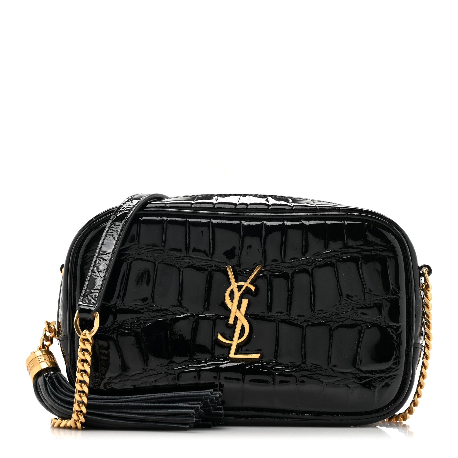 Saint Laurent Patent Calfskin Crocodile Embossed Monogram Mini Lou Camera Bag Black 1 of 12