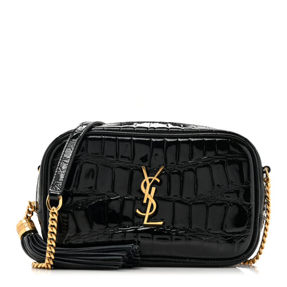 Saint Laurent Patent Calfskin Crocodile Embossed Monogram Mini Lou Camera Bag Black 1 of 12