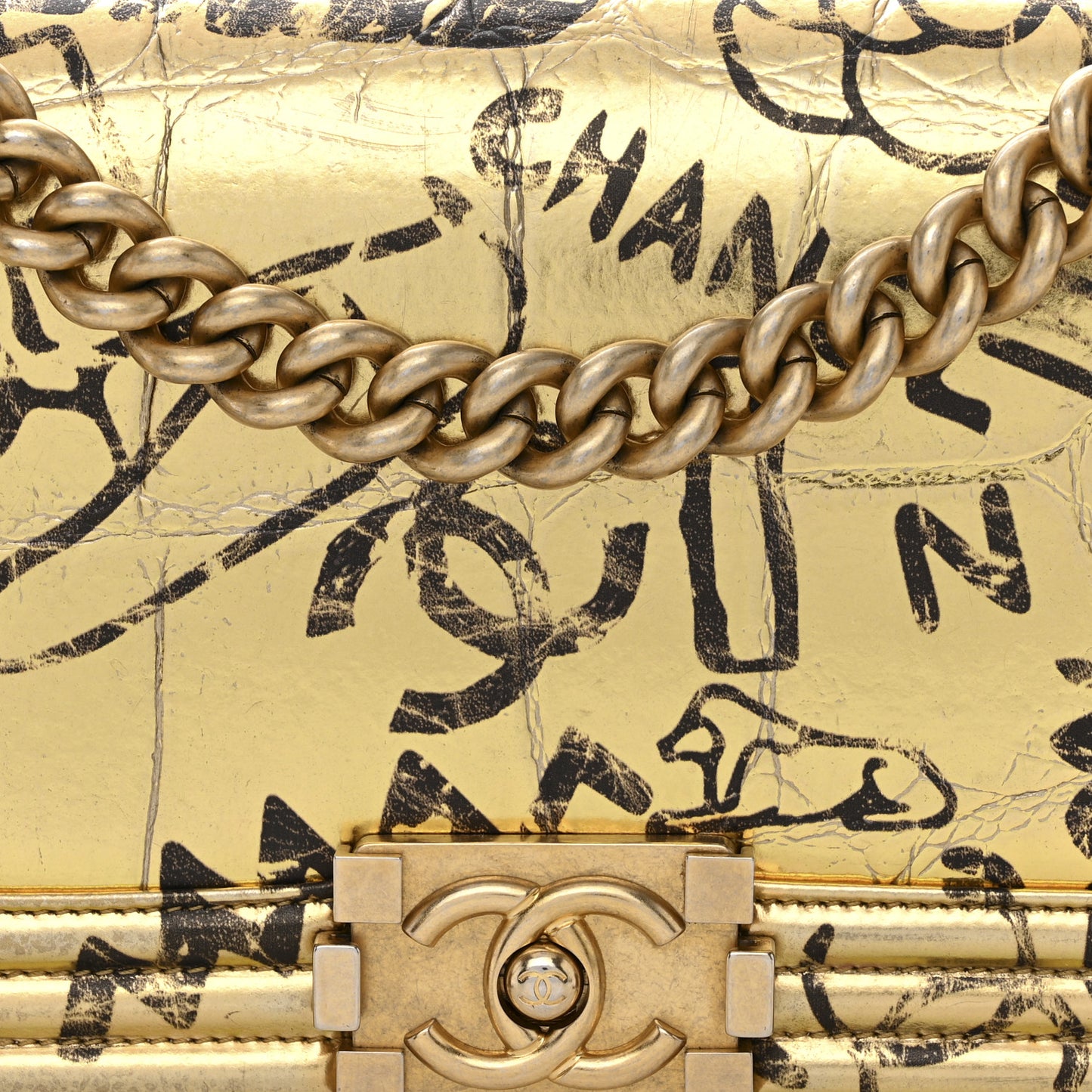 Metallic Calfskin Crocodile Embossed Graffiti Medium Cocodile Boy Flap Gold