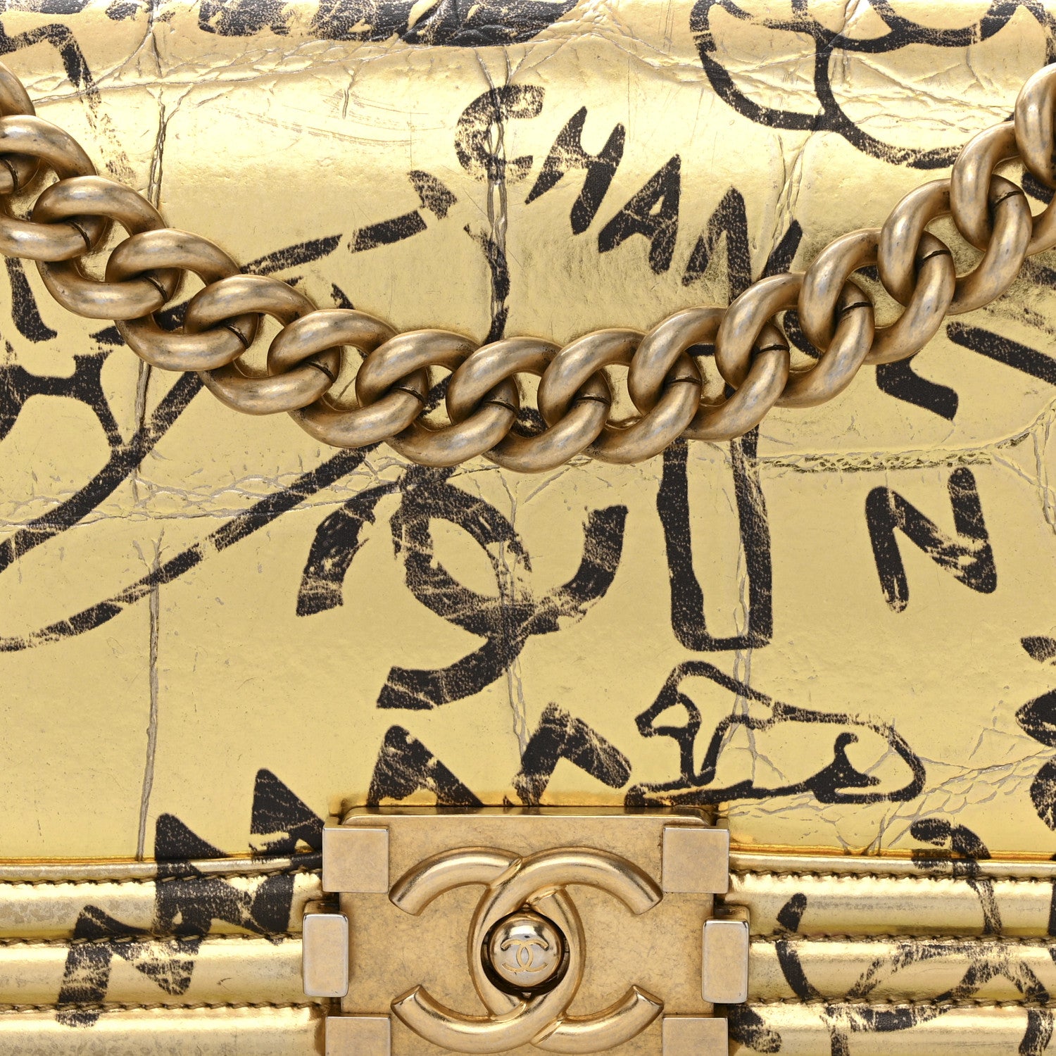 Chanel Metallic Calfskin Crocodile Embossed Graffiti Medium Cocodile Boy Flap Gold 8 of 10