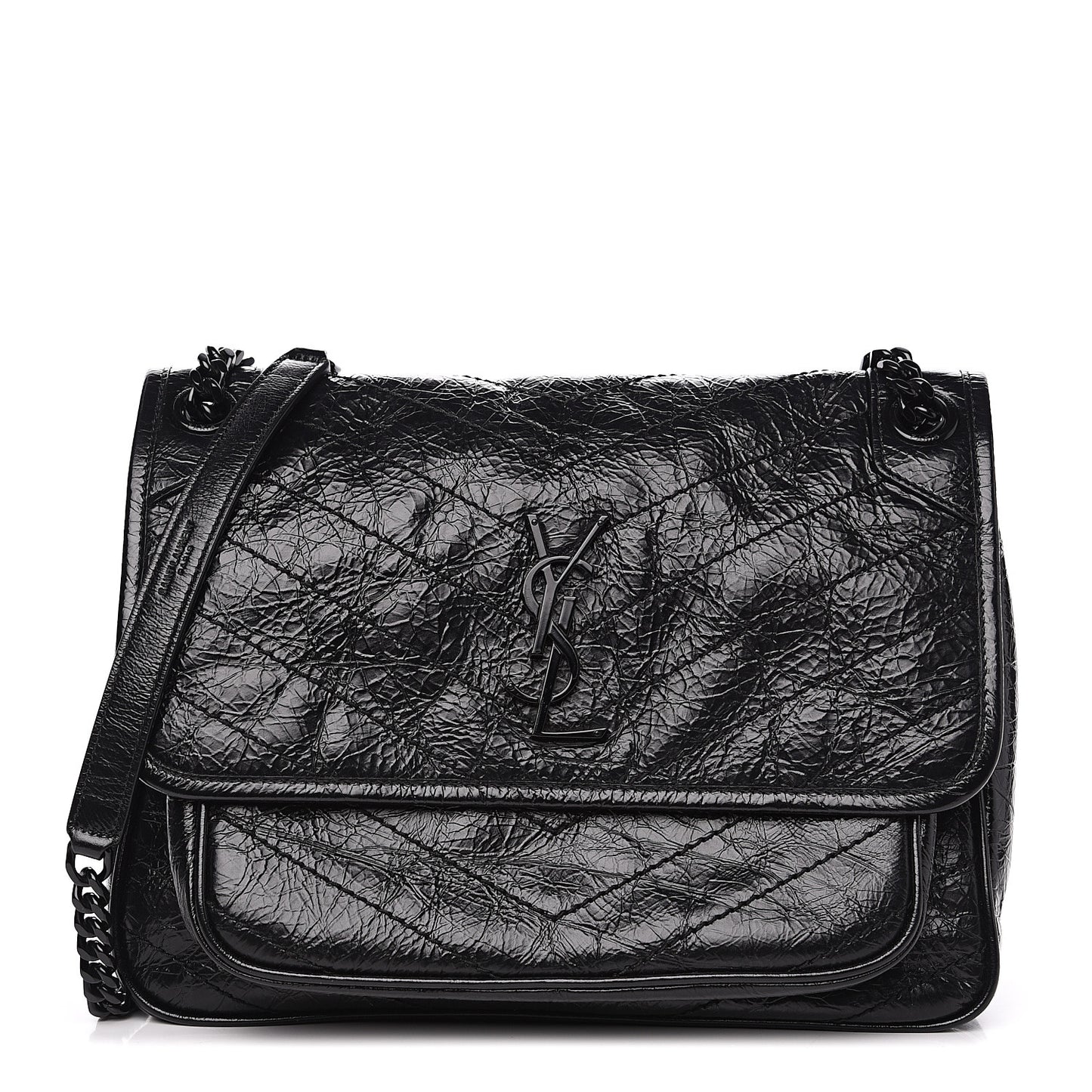 Crinkled Calfskin Matelasse Monogram Medium Niki Chain Satchel Black
