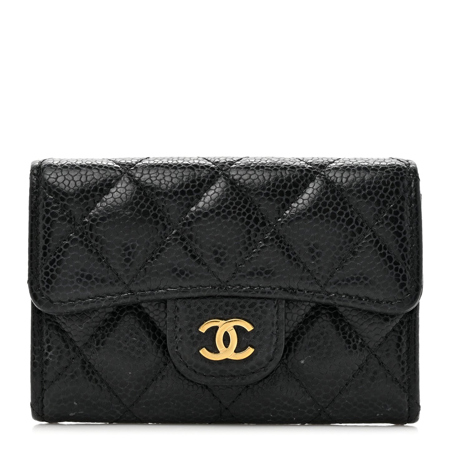 Caviar Quilted Flap Card Holder Wallet Black