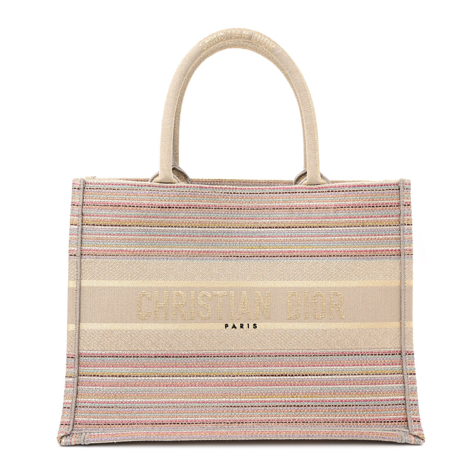 Christian Dior Canvas Embroidered Medium Stripes Book Tote Beige Multicolor 1 of 11