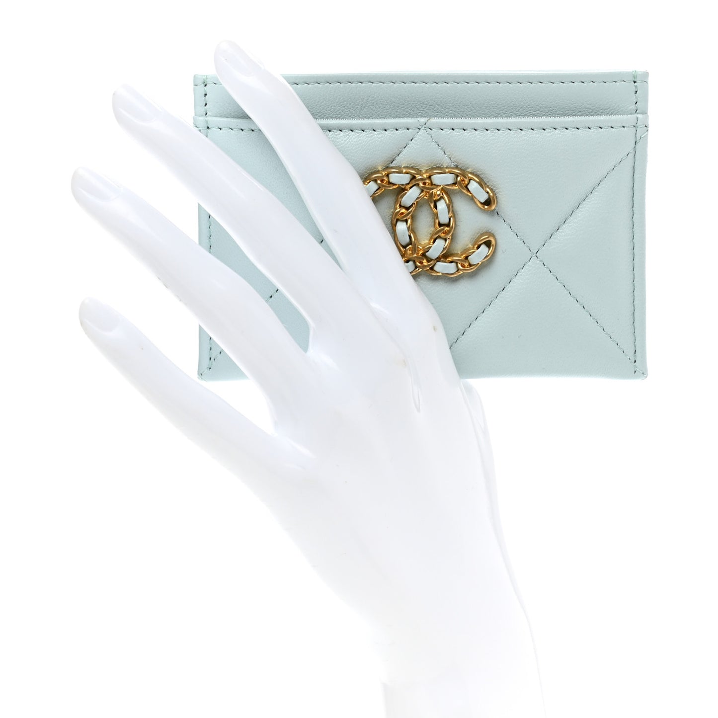 Lambskin Quilted Chanel 19 Card Holder Light Blue
