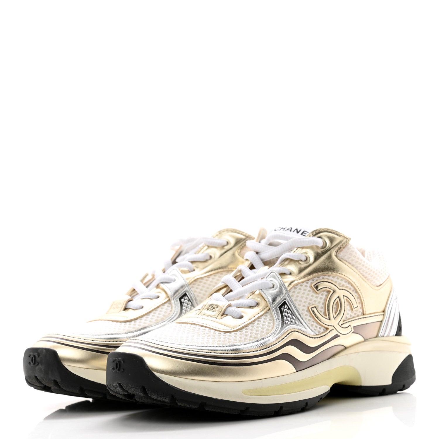 Chanel Fabric Laminated Calfskin Stretch CC Sneakers 39 White Gold Silver 3 of 11