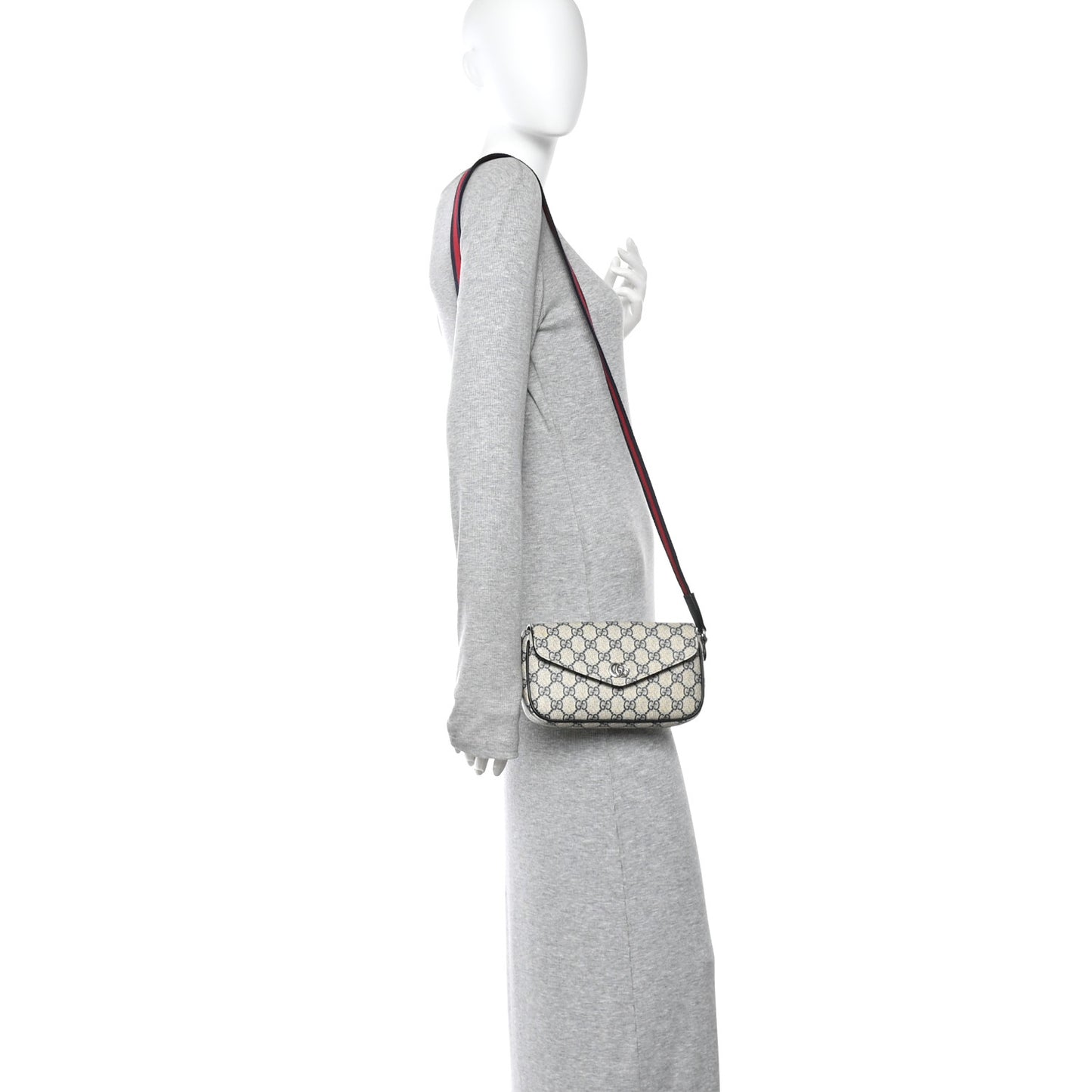 GG Supreme Monogram Textured Dollar Calfskin Web Mini Ophidia Envelope Shoulder Bag Beige Blue