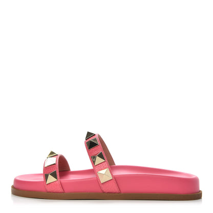 Valentino Garavani Pebbled Calfskin Macro Rockstud Lock Slide Sandals 35.5 Deep Fuxia 1 of 8
