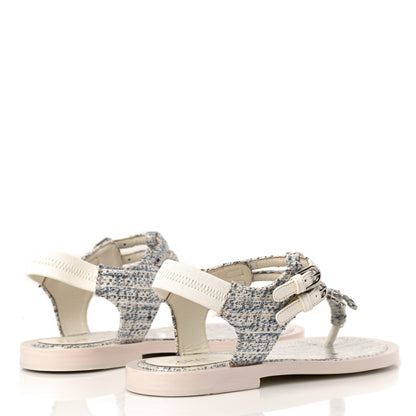 Chanel Tweed CC Thong Sandals 38 Ecru Blue Beige Grey 3 of 11