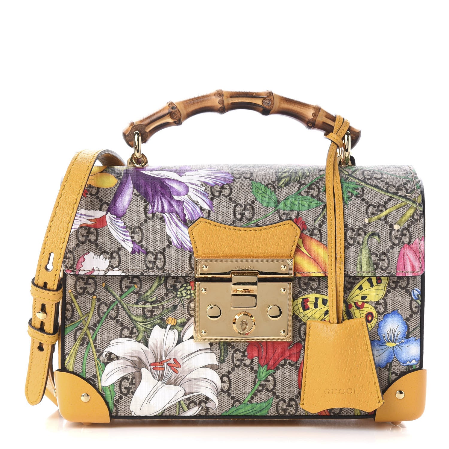 Gucci GG Supreme Monogram Flora Small Padlock Bamboo Shoulder Bag Beige Multicolor Crop 1 of 10
