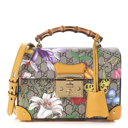 Gucci GG Supreme Monogram Flora Small Padlock Bamboo Shoulder Bag Beige Multicolor Crop 1 of 10