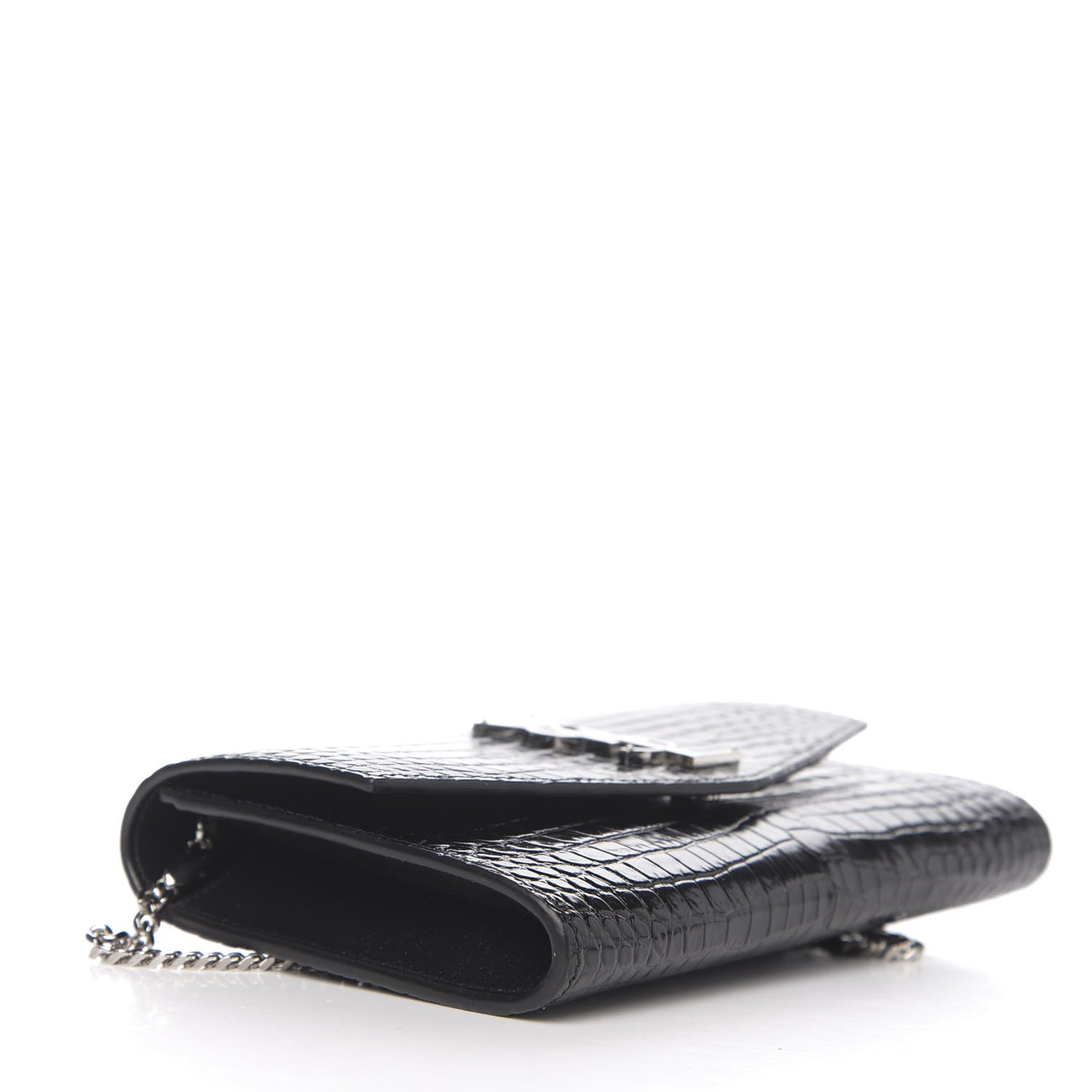 Saint Laurent Calfskin Crocodile Embossed Monogram Uptown Chain Wallet Black 3 of 9