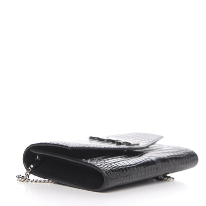 Saint Laurent Calfskin Crocodile Embossed Monogram Uptown Chain Wallet Black 3 of 9