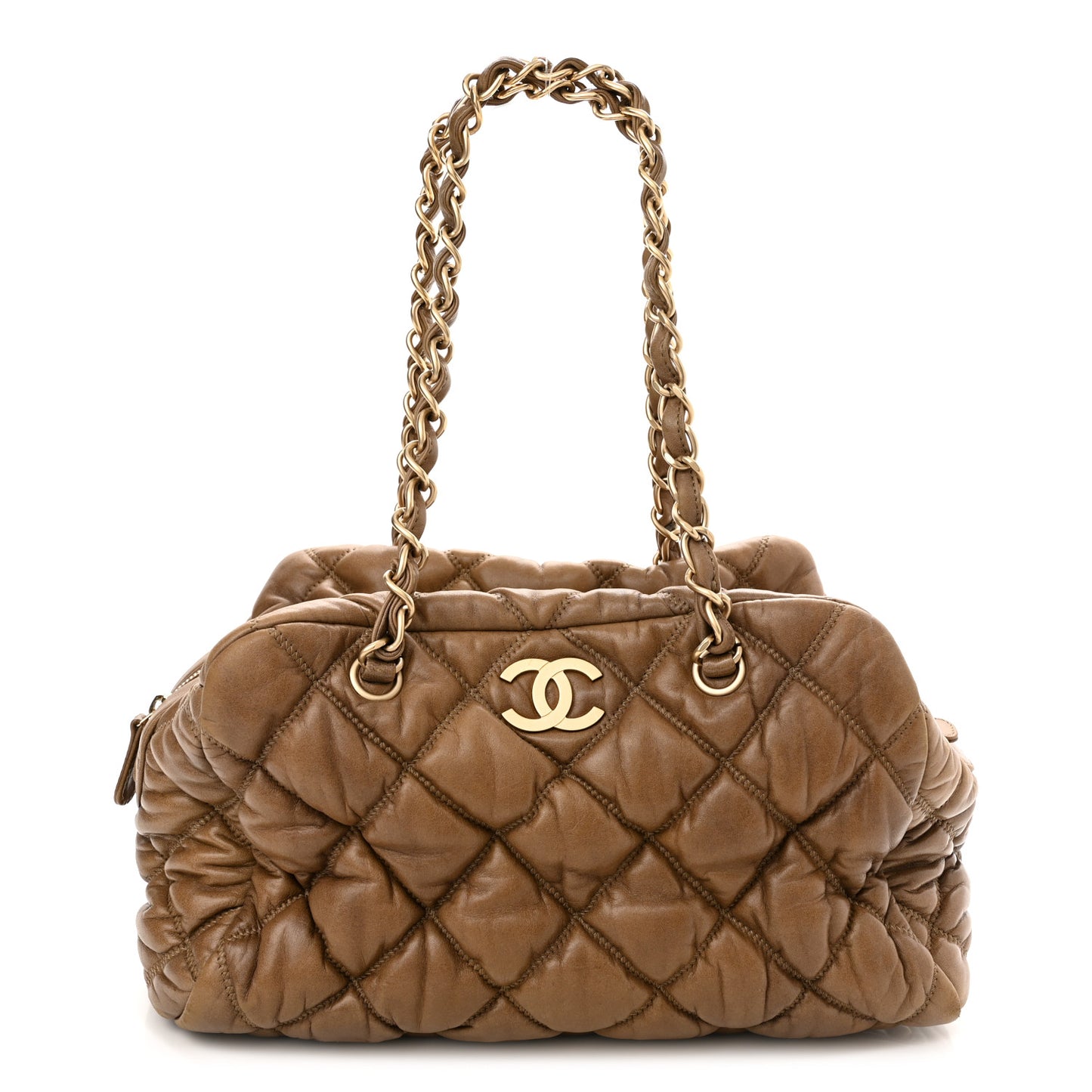 Lambskin Bubble Quilt Bowler Dark Beige