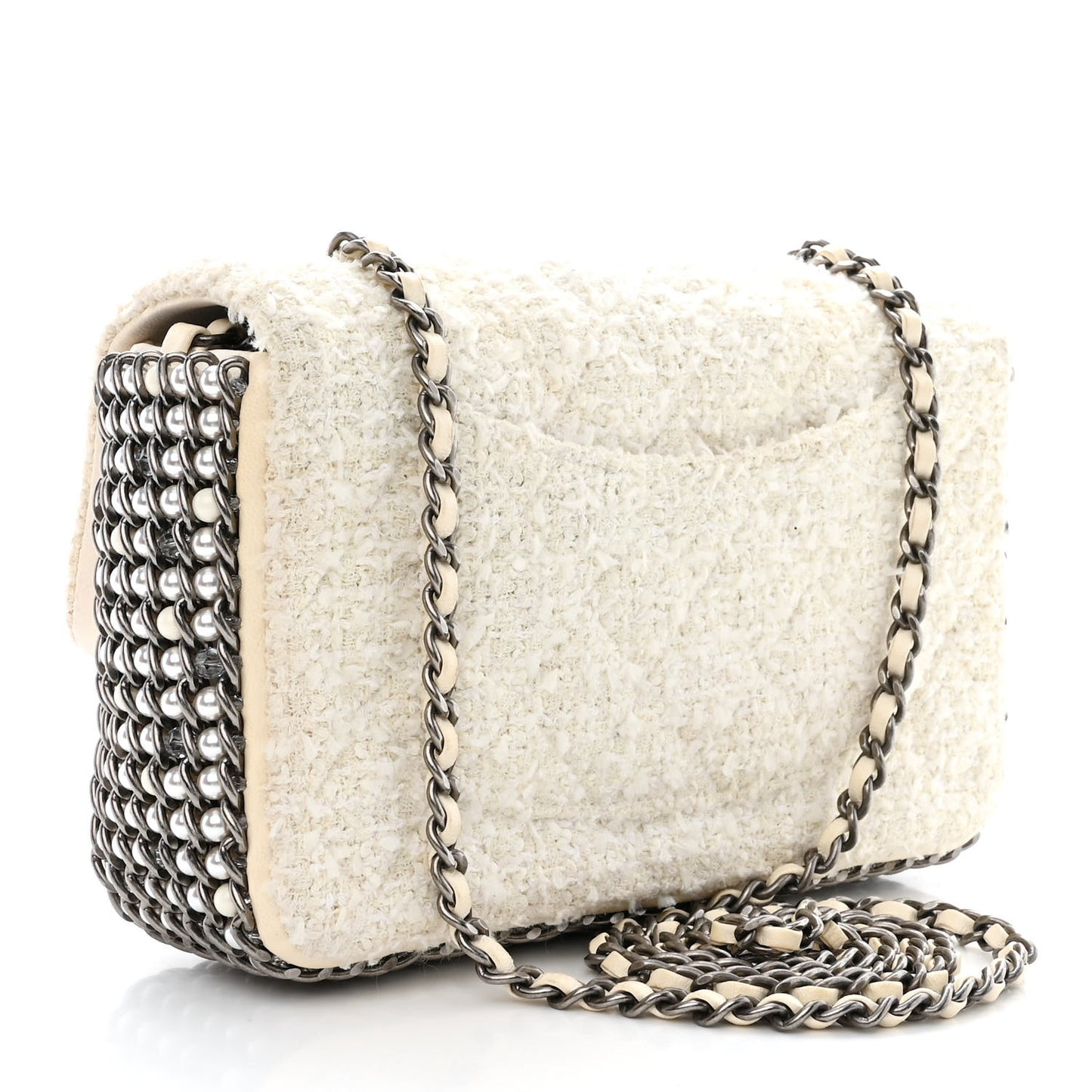 Tweed Quilted Mini Side Pearl Flap Bag Ecru White