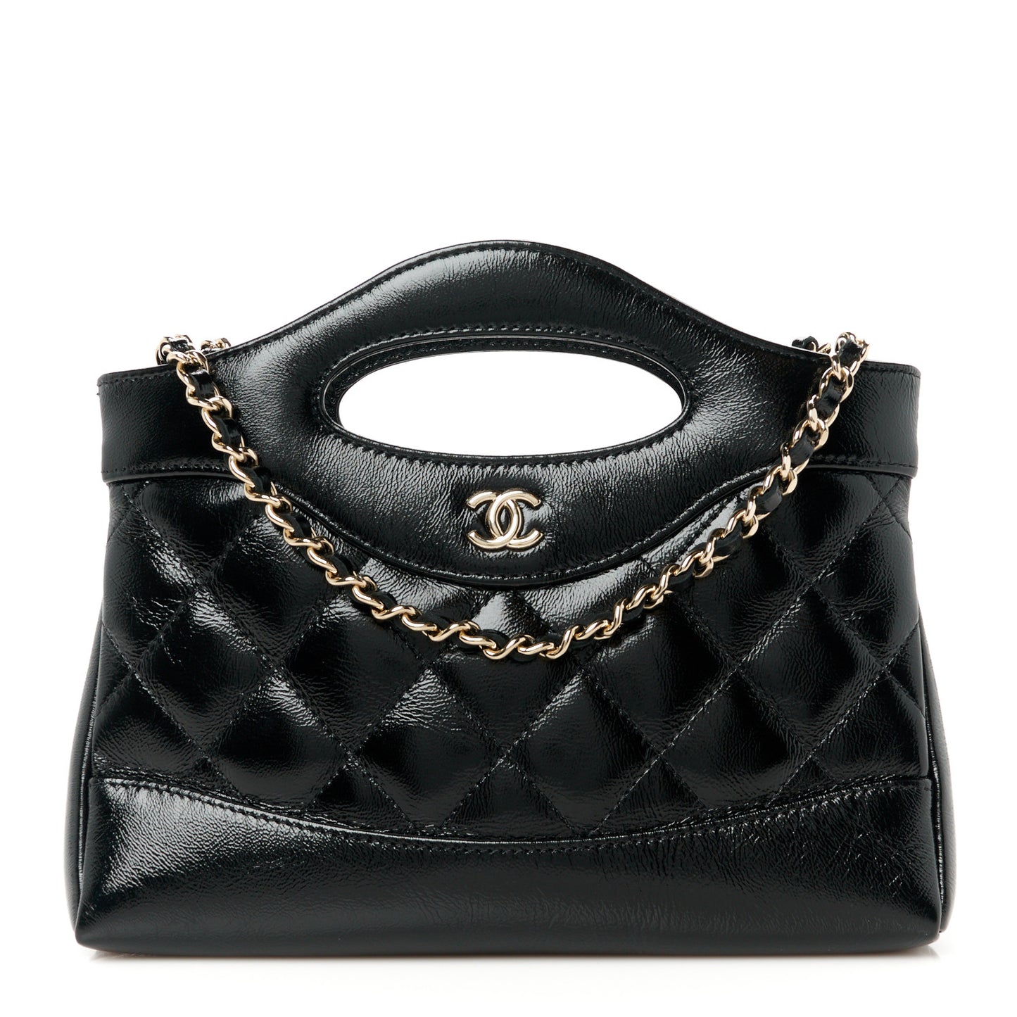 Shiny Crumpled Calfskin Quilted Nano 31 Shopping Bag Black