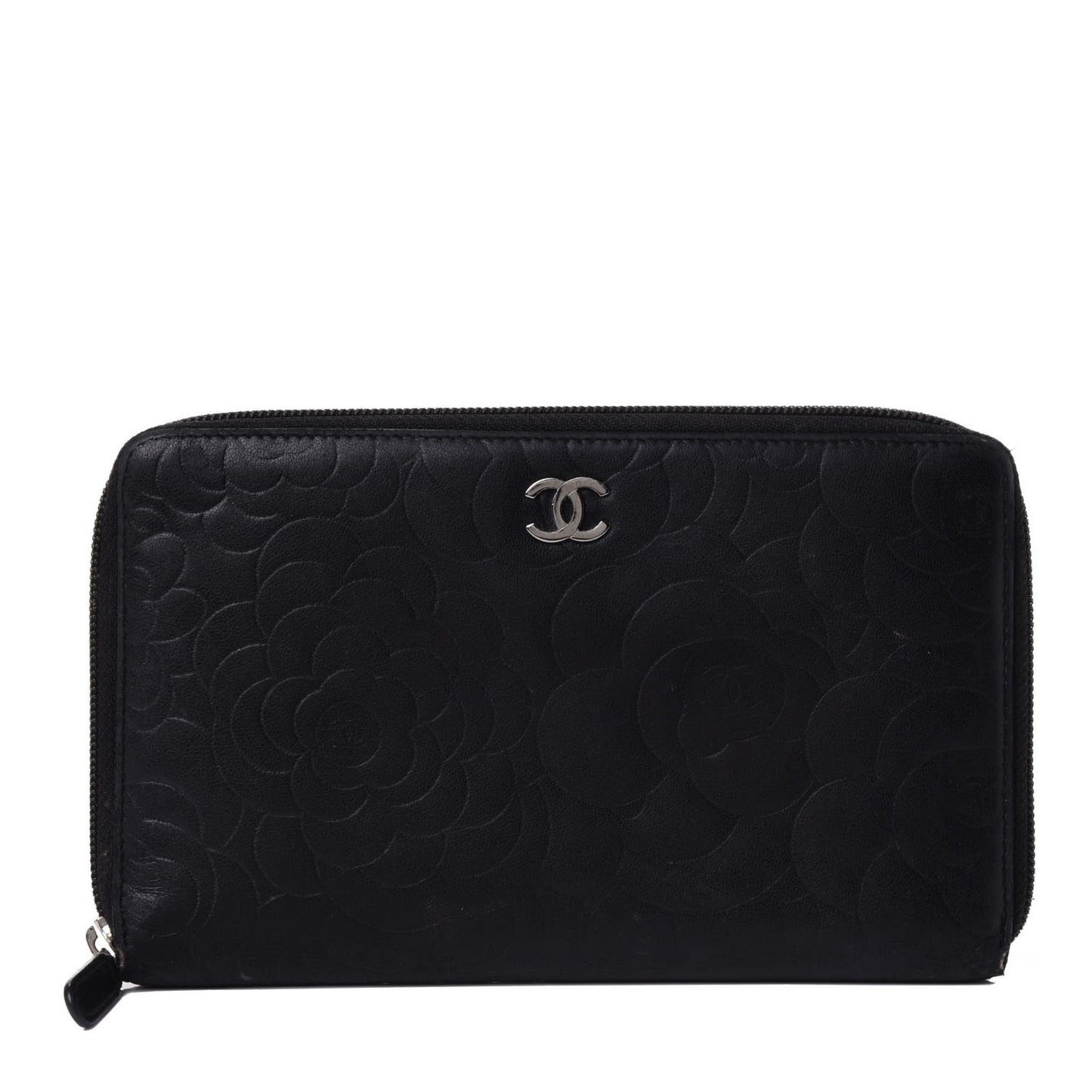 Lambskin Camellia Embossed Zip Around Organizer Wallet Black