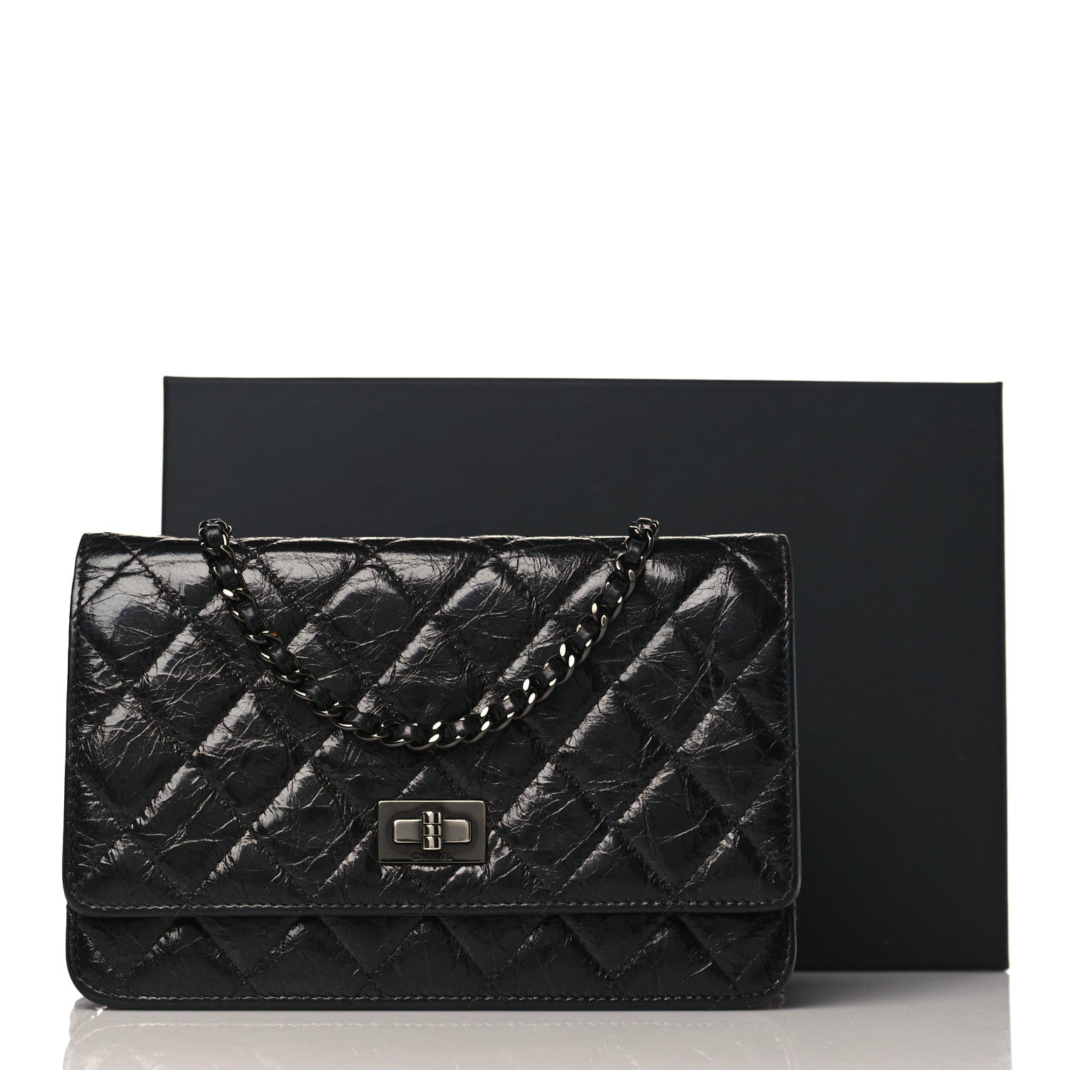 Chanel Glazed Aged Calfskin Reissue Wallet On Chain WOC Black 9 of 9