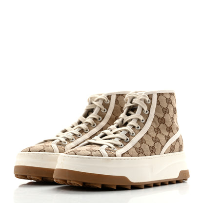 Gucci New Canvas GG Monogram Womens Tennis 1977 High Top 55mm Platform Sneakers 38.5 Beige Ebony Mystic White 4 of 12