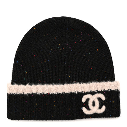 Chanel Cashmere Silk CC Beanie Hat Black Ecru 1 of 6